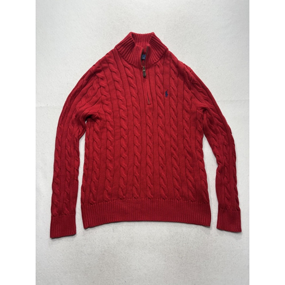 Polo Ralph Lauren Sweater Mens Small Red Cable Knit 1/4 Zip Mock Neck Pullover